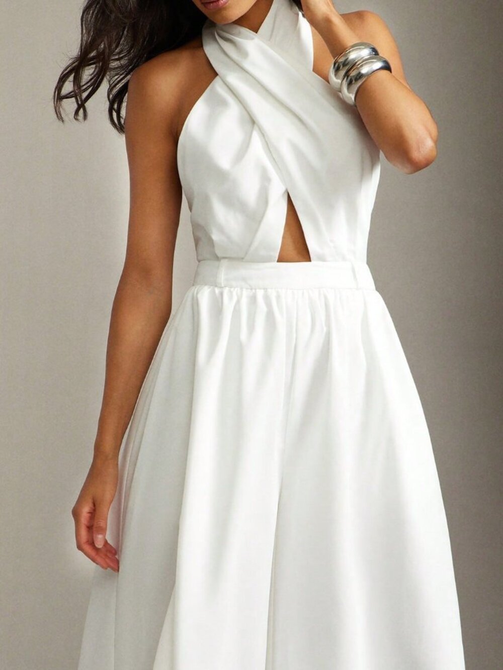 White Elegant Business Women's Wide-Leg Halter Jumpsuit - Picture 3 of 5